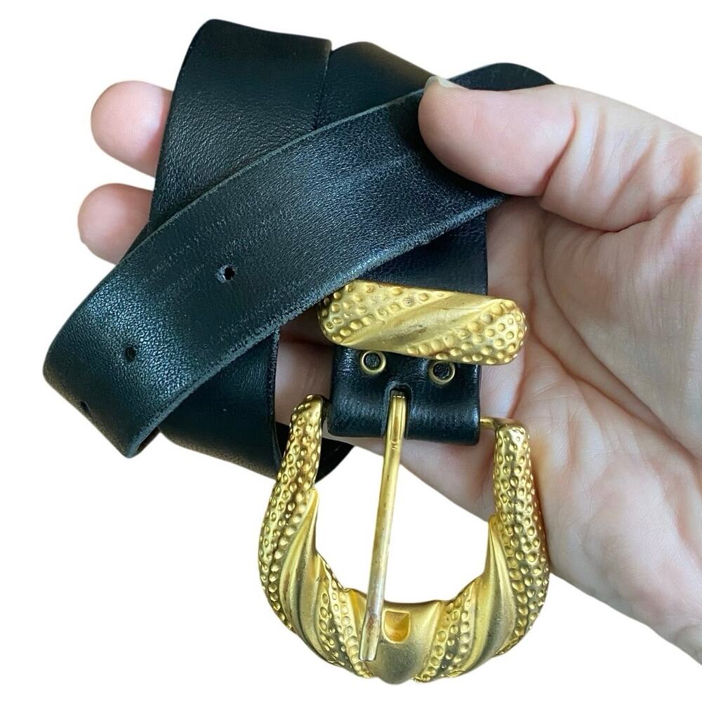 Salena’s Collection Black Leather Belt w/ Textured Gold Buckle, Western Boho